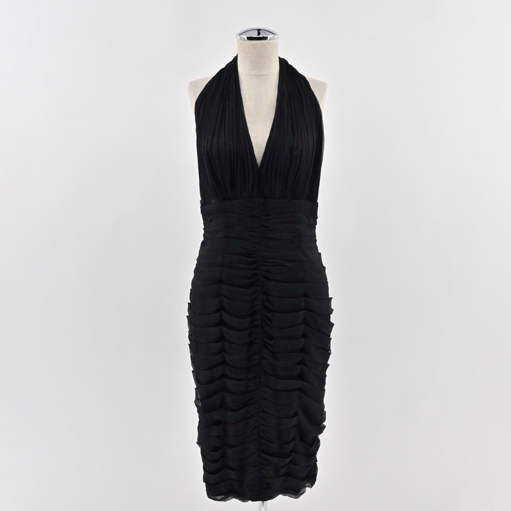 Vtg Y2k Tadashi Bodycon Cocktail Halter Dress‎ Size 10 Black Silk Ruched LBD 90s